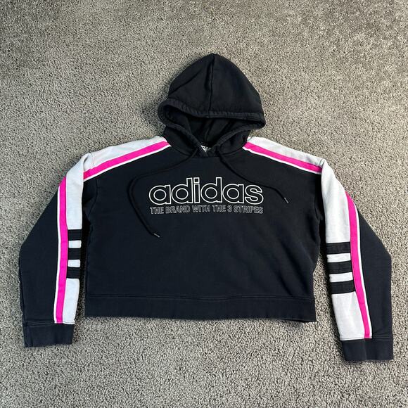 Adidas Originals Hoodie Womens S Black Cropped 3 Stripes Spellout Sweatshirt - Picture 2 of 11